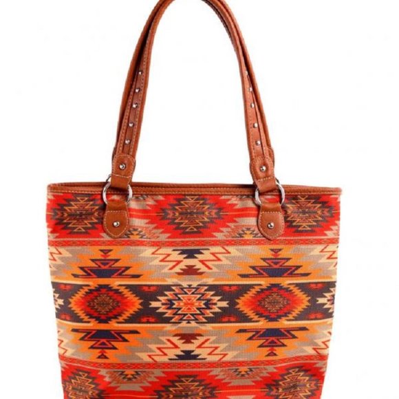 Leather Trim Aztec Design Canvas Tote Bag - Picture 1 of 5